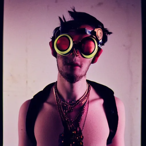 Prompt: kodak portra 4 0 0 photograph of a skinny cybergoth goth guy wearing goggles and eclectic jewelry, moody lighting, telephoto, 9 0 s vibe, blurred background