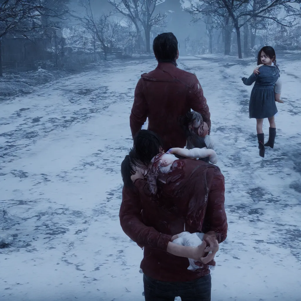 Prompt: Sebastion Castellanos of The Evil Within 2 holding his daughter, making your way home, snowy plains, unreal engine 5, wallpaper, emotional