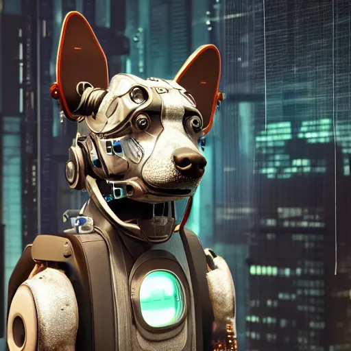 Prompt: cyberpunk dog robot, photorealistic, 8 k, highly detailed, lots of wires, scary, reflections, metal, 8 k