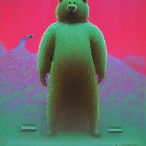 Image similar to yogi bear ( hanna barbera ) by beksinski and tristan eaton, neon trimmed beautiful dystopian digital art