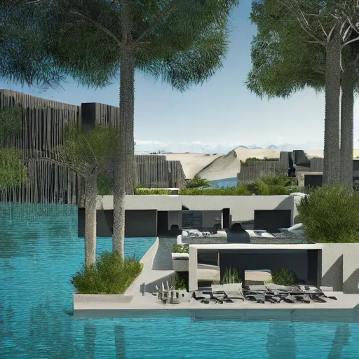 Image similar to architectural rendering of habitat 6 7 in the desert, biophilia mood, pool, garden, highly detailed, cinematic, photorealistic,