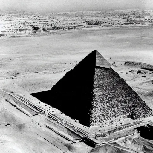 Image similar to an aerial photograph of a pyramid at giza at the early stages of construction with heavy scaffolding clearly visible, the top of the pyramid has not been built and is not visible, dslr