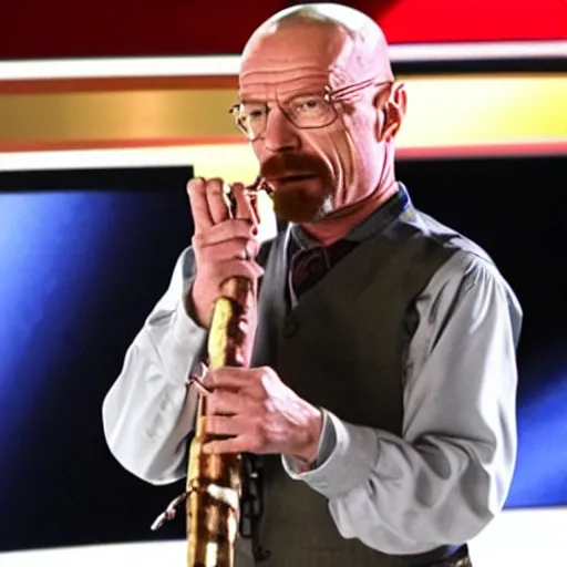 Image similar to walter white playing the flute on america's got talent