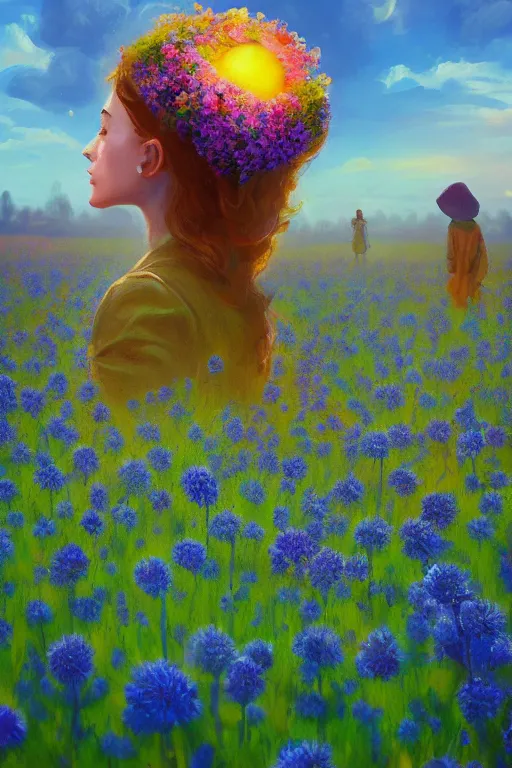 Image similar to closeup, giant flower head, girl in suit floating above field of flowers, surreal photography, sunrise, blue sky, dramatic light, impressionist painting, digital painting, artstation, simon stalenhag