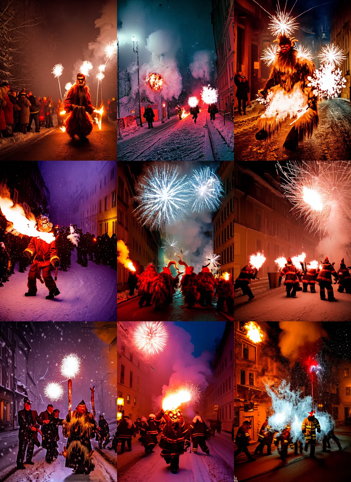 Image similar to kodak portra 4 0 0, winter, snowflakes, hellfire chaos, award winning dynamic photo of a bunch of hazardous krampus between exploding fire barrels by robert capas, motion blur, in a narrow lane in salzburg at night with colourful pyro fireworks and torches, teal lights