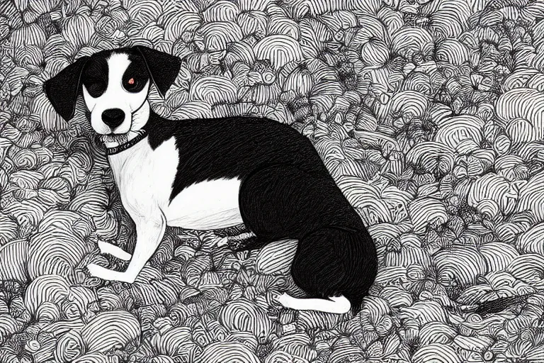 Prompt: cute black and white jack russel terrier laying on dog bed, large round eyes, concept art, fantasy illustration, sketch by victo ngai and diego gisbert llorens