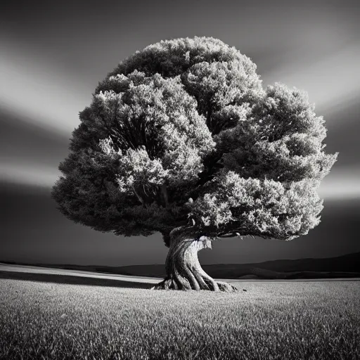 Prompt: award winning infrared long exposure photography by andy lee, blue filter, strange shaped bonsai tree on a hill, symmetrical, dramatic lighting, wide angle lens, long exposure photography