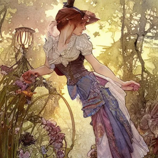 Image similar to a beautifull intricate watercolour painting of alice in wonderland scene, reflexions, verry high details by william turner art, greg rutkowski and alphonse mucha, trending on artstation, very very detailed, masterpiece, muted colors