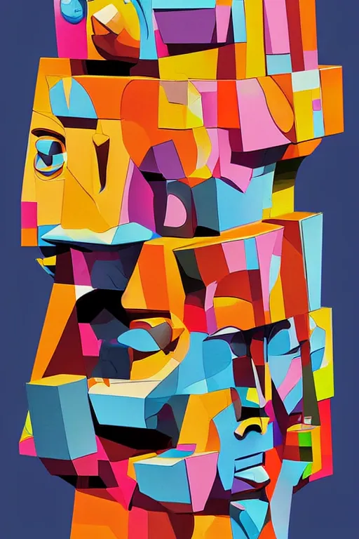 Image similar to cubist moai statue cutout digital illustration cartoon colorful beeple