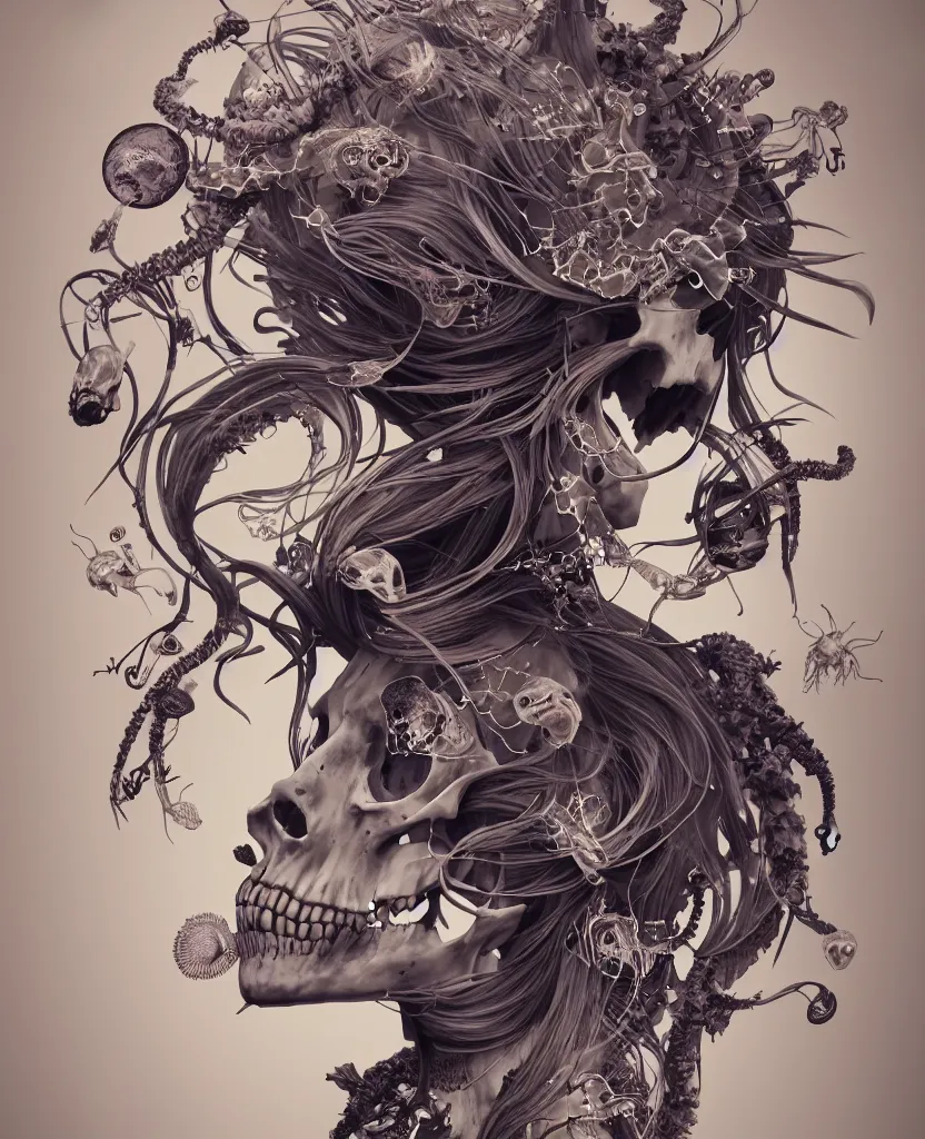 Image similar to goddess close-up portrait skull with mohawk, ram skull, skeleton, thorax, x-ray, backbone, jellyfish phoenix head, nautilus, orchid, skull, betta fish, bioluminiscent creatures, intricate artwork by Tooth Wu and wlop and beeple. octane render, trending on artstation, greg rutkowski very coherent symmetrical artwork. cinematic, hyper realism, high detail, octane render, 8k