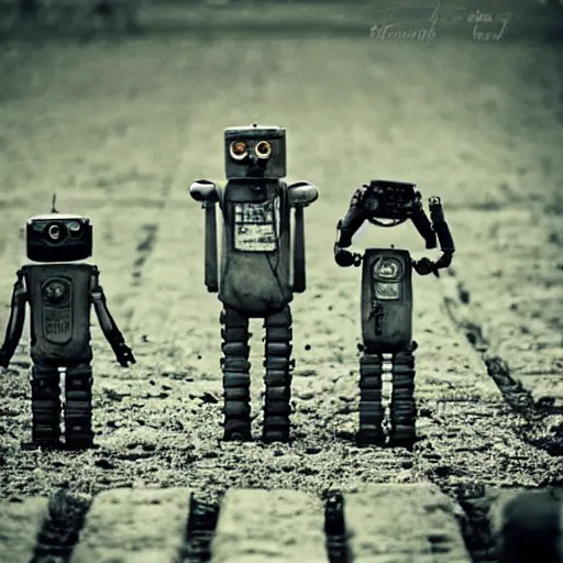 Prompt: the most creepy family photo of robots, with a robot dog, 200mm lens, post apocalyptic, sadness, depression, screaming, crying, auschwitz camp