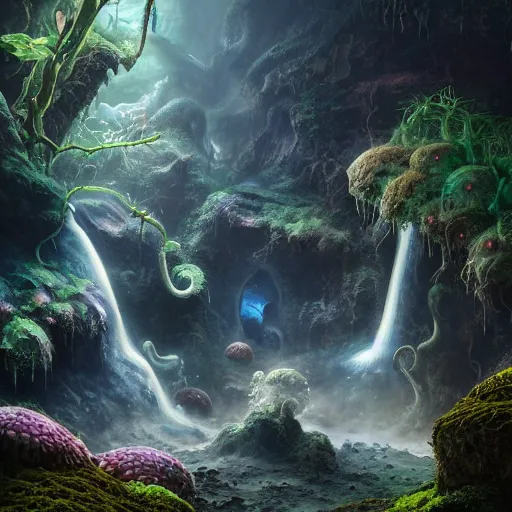 Image similar to tom bagshaw, mythical gigantic space cavern, soft painting render curiosities carnival pond vegetation rocks mushrooms and tentacles covered moss, luminescent wisps, stunning waterfall, accurate features, focus, very intricate ultrafine details, random volumetric lighting, fog, award winning masterpiece, octane render 8 k hd, artstation