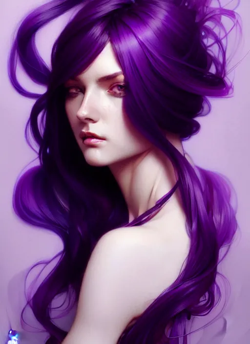 Image similar to Purple hair, creative colouring Portrait of woman, fashion, intricate, elegant, highly detailed, digital painting, artstation, concept art, smooth, sharp focus, illustration, art by artgerm and greg rutkowski and alphonse mucha