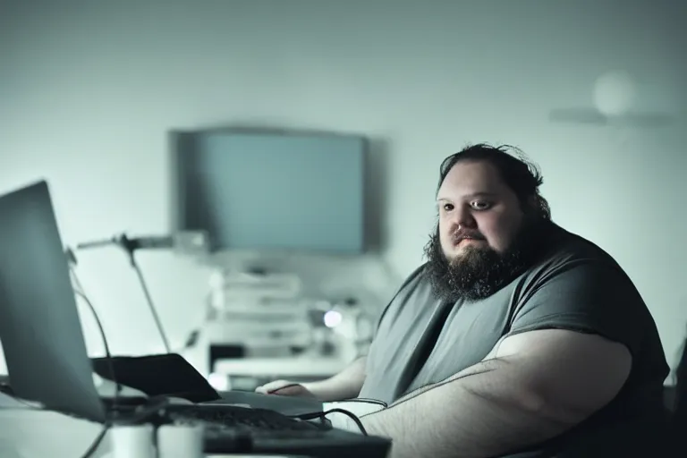 Prompt: an cinematic headshot portrait of a fat man, long hair, facial hair, sat in the dark on a pc, coding, ultra realistic