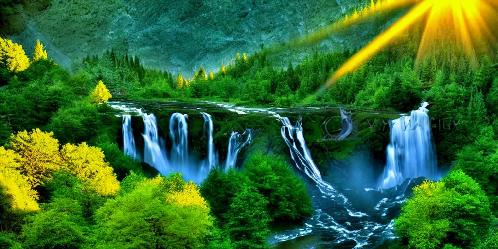 Image similar to evergreen valley, several waterfalls, ancient marble city, tall buildings, landscape, global illumination, morning light, radiant light, bird's eye view