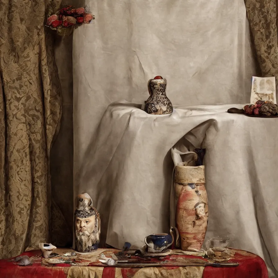 Prompt: beautiful studio photograph of a ceramics display with a portrait of henry the viii painted by hans holbein painted onto a tall angular stoneware vase with handles placed on a tablecloth on a wooden table, hyperrealism 8 k trending on artstation