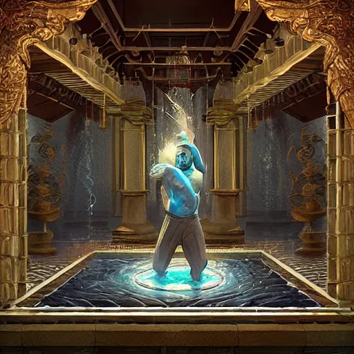 Prompt: a man cast a water spell inside a temple, artstation
