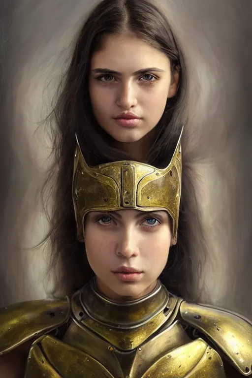 Image similar to a photorealistically painted portrait of an attractive young girl, partially clothed in metal-plated battle armor, with an abstractly painted background, flawless olive skin, fair complexion, long dark hair, beautiful bone structure, perfectly symmetric facial features, perfect photorealistic eyes, natural physique, intricate, elegant, digital painting, concept art, finely detailed, beautifully illustrated, sharp focus, minimal artifacts, volumetric lighting, from DOOM and Halo, by Ruan Jia and Mandy Jurgens and Artgerm and William-Adolphe Bouguerea, in the style of Greg Rutkowski, trending on Artstation, award winning art