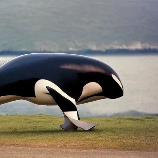 Prompt: an orca whale turned into a dog, half orca whale half dog, hybrid animal, 8 k photograph, orca whale head, dog body, national geographic photo