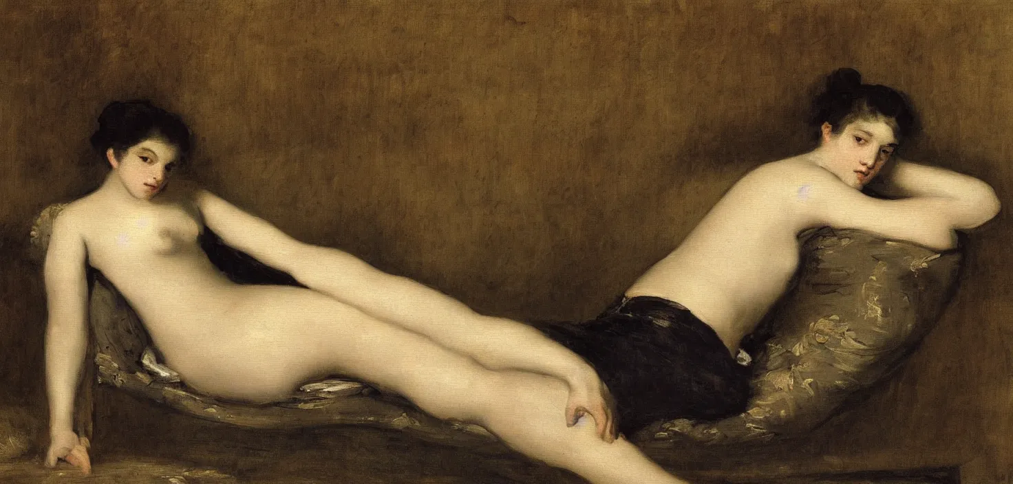 Prompt: an intimate painting of a young french woman on a chaise lounge by gustave courbet & francisco goya, oil painting, intimate, beautiful, calm serene, soft edges