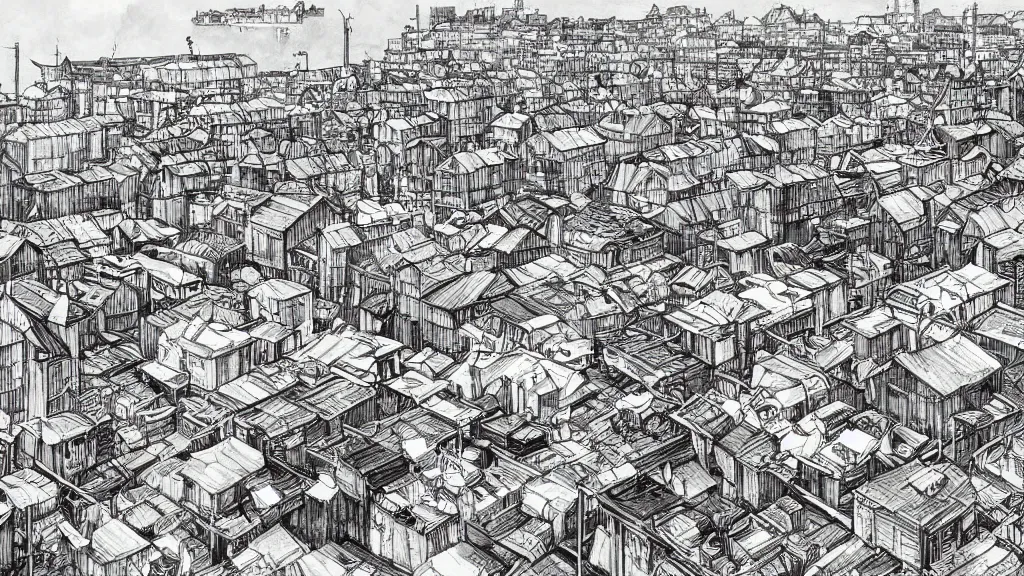 Image similar to a black and white drawing of a busy fish market stretching to the horizon, a storybook illustration by mattias adolfsson, behance contest winner, modern european ink painting, matte drawing, storybook illustration, panoramic, isometric