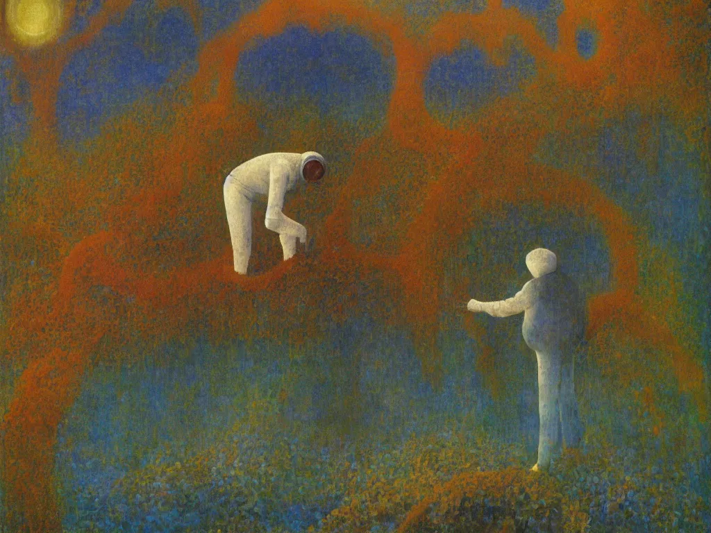Image similar to man in white beekeeper suit touching the coral reef. painting by mikalojus konstantinas ciurlionis, bosch, max ernst, agnes pelton, rene magritte
