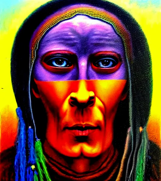 Image similar to Portrait painting in a style of Beksinski mixed with Alex Grey of an old shaman dressed in a colorful traditional clothes.