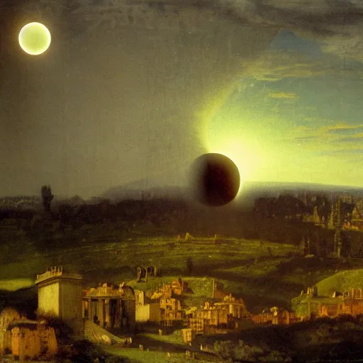 Image similar to dark solar eclipse, above a village, highly detailed, studio 4 k quality, by arnold bocklin