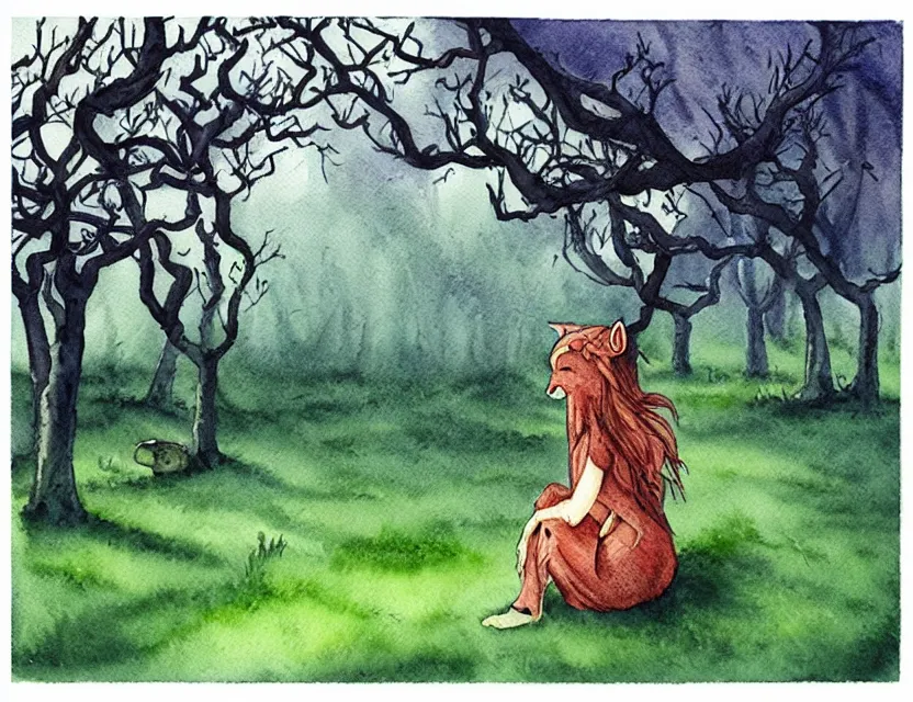 Prompt: lost forest spirit in an orchard. this watercolor painting by the award - winning comic artist has dramatic lighting, an interesting color scheme and great sense of depth.