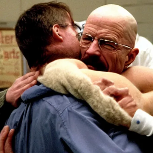 Prompt: Michael Ehrmantraut hugging walter white from behind wrestling breaking bad