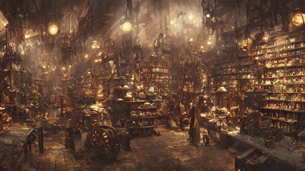 Image similar to A highly detailed image of a steampunk store, by Danar Worya, by Greg Rutkowski, by artgerm, by beeple, with ultra detailed displays of weapons and clockwork machinations densely packed on shelves, volumetric lighting, 4k resolution, octane render, trending on artstation