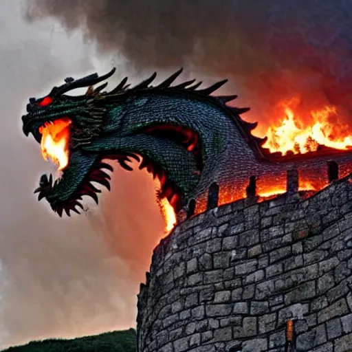 Image similar to a mad dragon guarding a british medieval castle, fire is rising around the castle