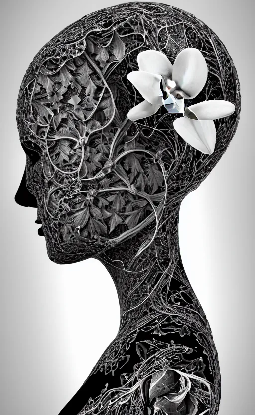 Prompt: a black and white 3D render of a beautiful profile face portrait of a female vegetal-dragon-cyborg, 150 mm, orchid stems, magnolias, black butterflies, fine lace, Mandelbrot fractal, anatomical, flesh, facial muscles, cable wires, microchip, veins, arteries, full frame, microscopic, elegant, highly detailed, flesh ornate, elegant, high fashion, rim light, octane render in the style of H.R. Giger and Man Ray