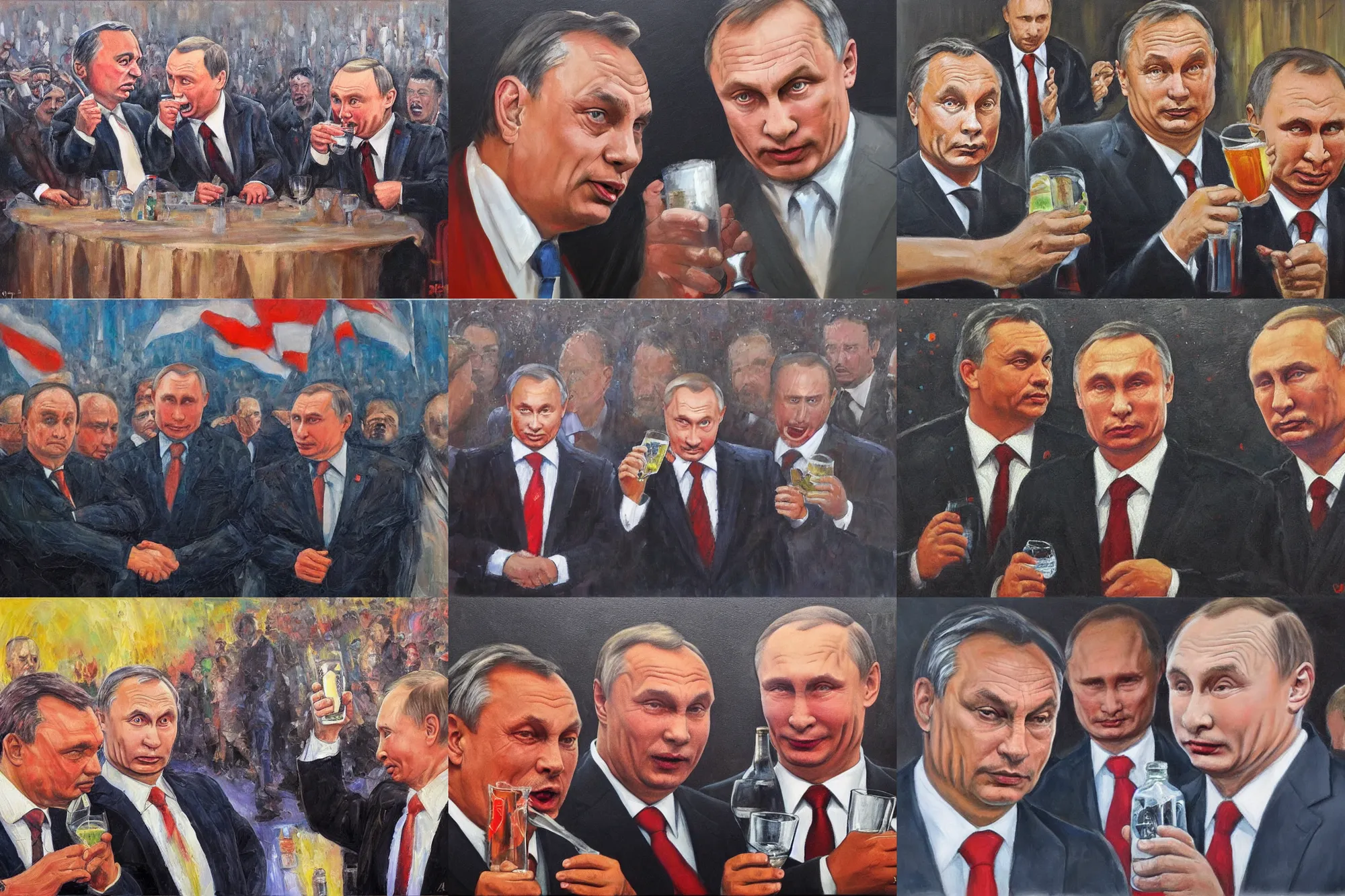 Prompt: viktor orban!!! and putin drinking and cheering at the apocalyse, highly detailed face, oil on canvas