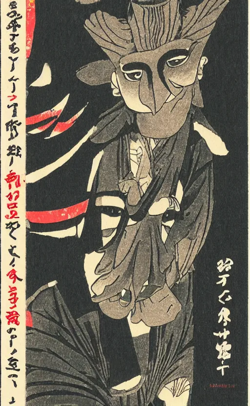 Prompt: by akio watanabe, manga art, a man masked as tengu sitting, very long nose, abandoned japaense village, trading card front