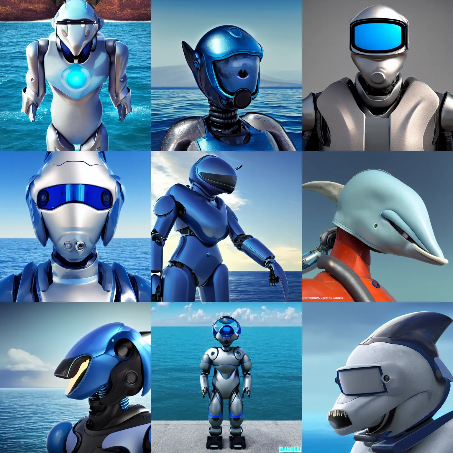 Prompt: furry art, male anthro dolphin hybrid robot, integrated synthetic android, face covered by visor, wide bottlenose beak protruding under visor, ultramarine metal, sea in background, fursona commission on furaffinity, 3 d, cgsociety, octane render