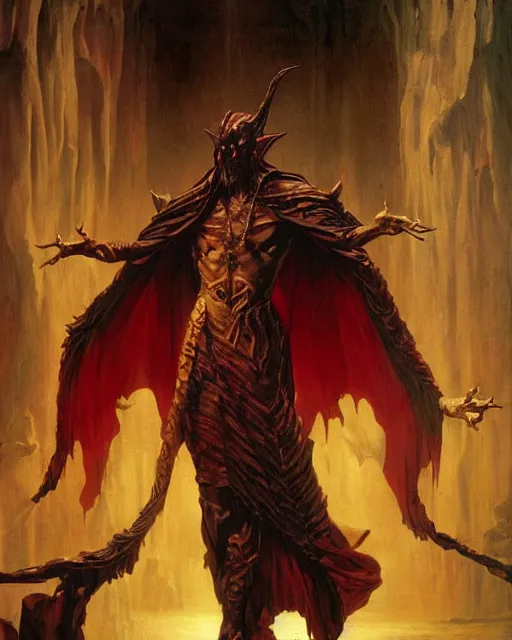 Image similar to A chaotic evil dnd wizard, he wears robes. Award winning oil painting by Thomas Cole and Wayne Barlowe. Highly detailed