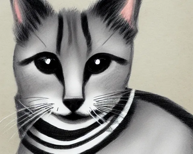 Image similar to A grey short haired cat with black stripes, Illustrated by James Dean