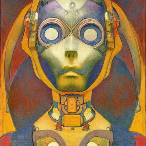 Prompt: the mechanical robot in her floral mask, by annie swynnerton and diego rivera, and nicholas roerich and jean delville, symbolist, dramatic lighting, elaborate geometric ornament, art brut, soft cool colors, smooth, sharp focus, extremely detailed, adolf wolfli