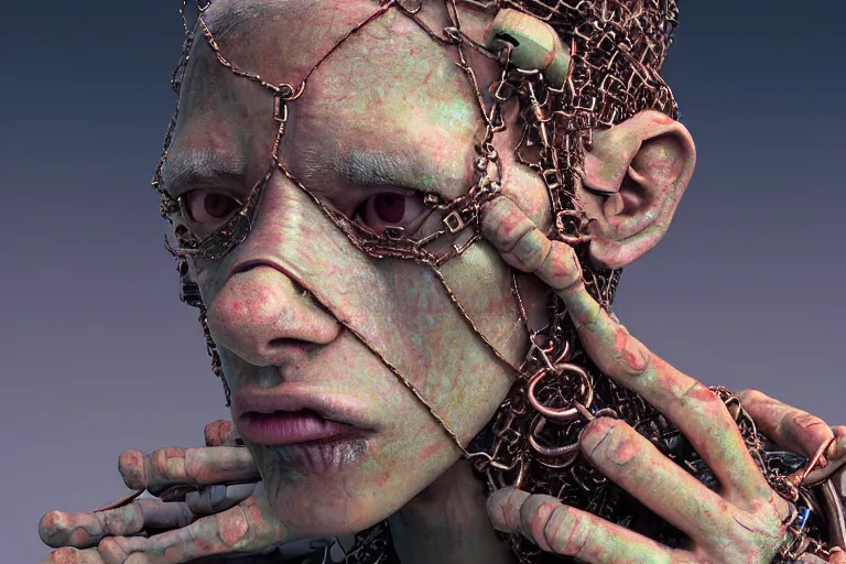 Prompt: 35mm color, humans enslaved, chained together, artificial intelligence, portrait, fashion shoot, weird, random, strange, hyperdetailed, photorealistic, interesting, by David la chapelle and karol bak and david cronenberg and WETA digital, Dariusz Zawadzki , ID magazine, octane rendering, cinematic, hyperrealism, octane rendering, 8k, depth of field, bokeh.