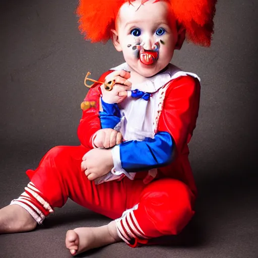 Prompt: A photograph of a baby dressed up as a clown, studio lighting, studio quality