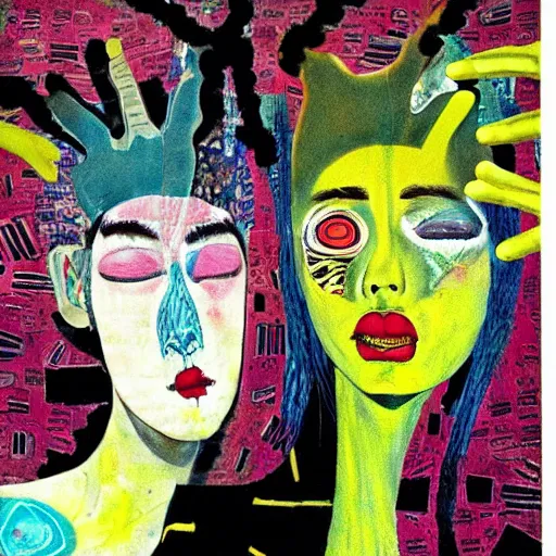 Image similar to beautiful painting of two bizarre psychedelic women kissing each other closeup in japan, speculative evolution, mixed media collage by basquiat and junji ito, magazine collage art, paper collage art, sapphic art, lesbian art