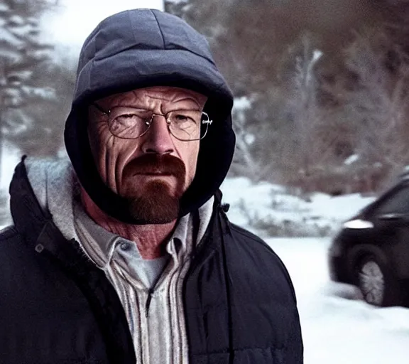 Image similar to Walter White wearing a black puffer jacket and a baseball cap, movie still, realistic