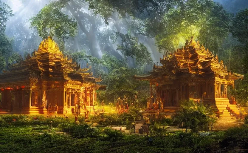 Image similar to a huge magical temple in the middle of a jungle, epic lighting