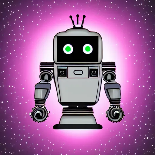 Image similar to robot with moustache, violet light, starry background