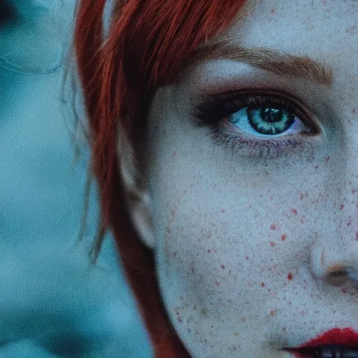 Prompt: Close up photo of the left side of the head of a redhead woman with gorgeous blue eyes and wavy long red hair, red detailed lips and freckles who looks directly at the camera. Slightly open mouth. Whole head visible and covers half of the frame, with a park visible in the background. 135mm nikon.