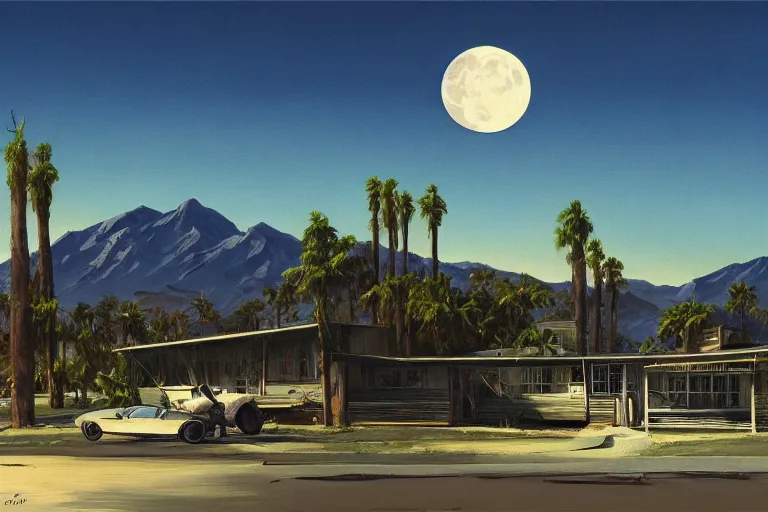 Image similar to natural american landscape | abandoned motel | palm trees | snowy mountains | moon in sky, painting by syd mead and weta studio and moebius and james jean and frank frazetta, highly detailed, rule of third, soft lighting, 8 k resolution, oil on canvas, architectural magazine, beautiful detailed, insanely intricate details, artstation trending, hypermaximalistic, high details, cinematic