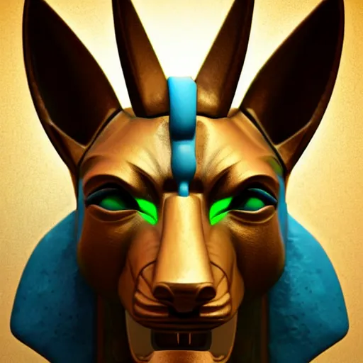 Prompt: anubis, nasus, digital model, head, detailed, beeple, art station, egypt, full color, head, colored, perfect lines, symetric