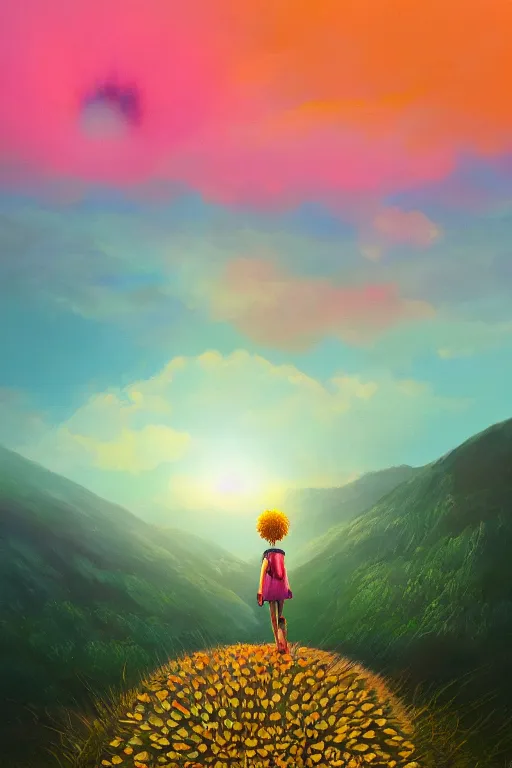 Image similar to giant daisy flower head, girl hiking in the mountains, surreal photography, sunrise, dramatic light, impressionist painting, colorful clouds, digital painting, artstation, simon stalenhag