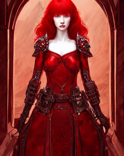 Image similar to redhead queen knight in red armor, inside grand hall in castle with rococo aesthetic, beautiful face, intimidating, high fantasy, intricate detail, digital painting, artstation, concept art, smooth, sharp focus, illustration, art by yoshitaka amano and monia merlo and wlop, masterpiece.